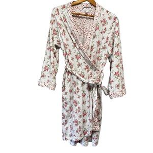 Carole Hochman 100% Cotton Red Floral Midi Wrap Robe With Belt Tie Size Large